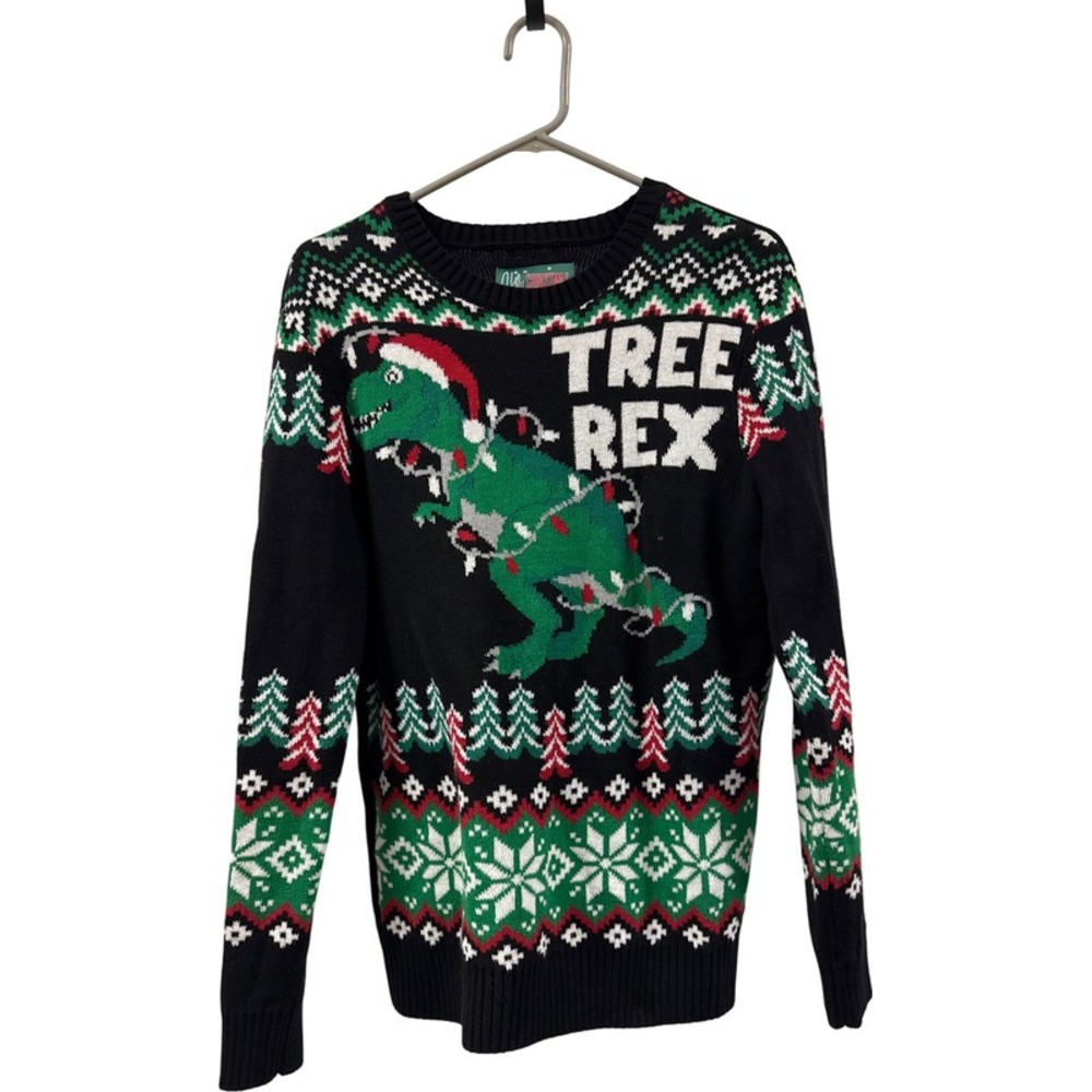 Ugly Christmas Sweater Men's Medium Black Tree Rex T-Rex Holiday Knit